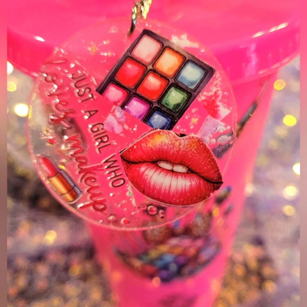 🛍🚨LAST Call Leaving Soon🎯Handcrafted Pink Makeup-Themed Tumbler And Keychain